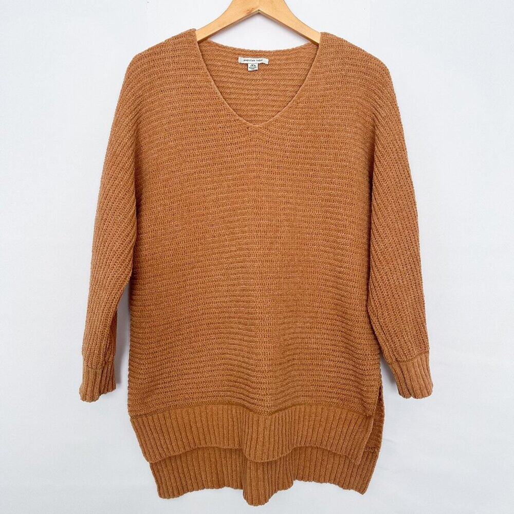 American Eagle Chenille V Neck Sweater Tunic Split Hem Oversized Size XS/S Tan